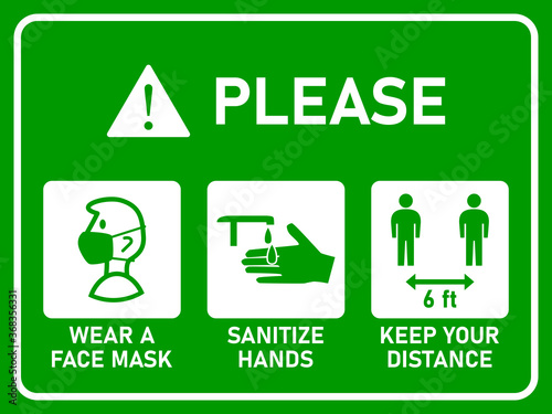 Horizontal Instruction Signboard with Basic Set of Measures against the Spread of Coronavirus Covid-19 including Wear a Face Mask, Sanitize Hands and Keep Your Distance 6 ft or 6 Feet. Vector Image.