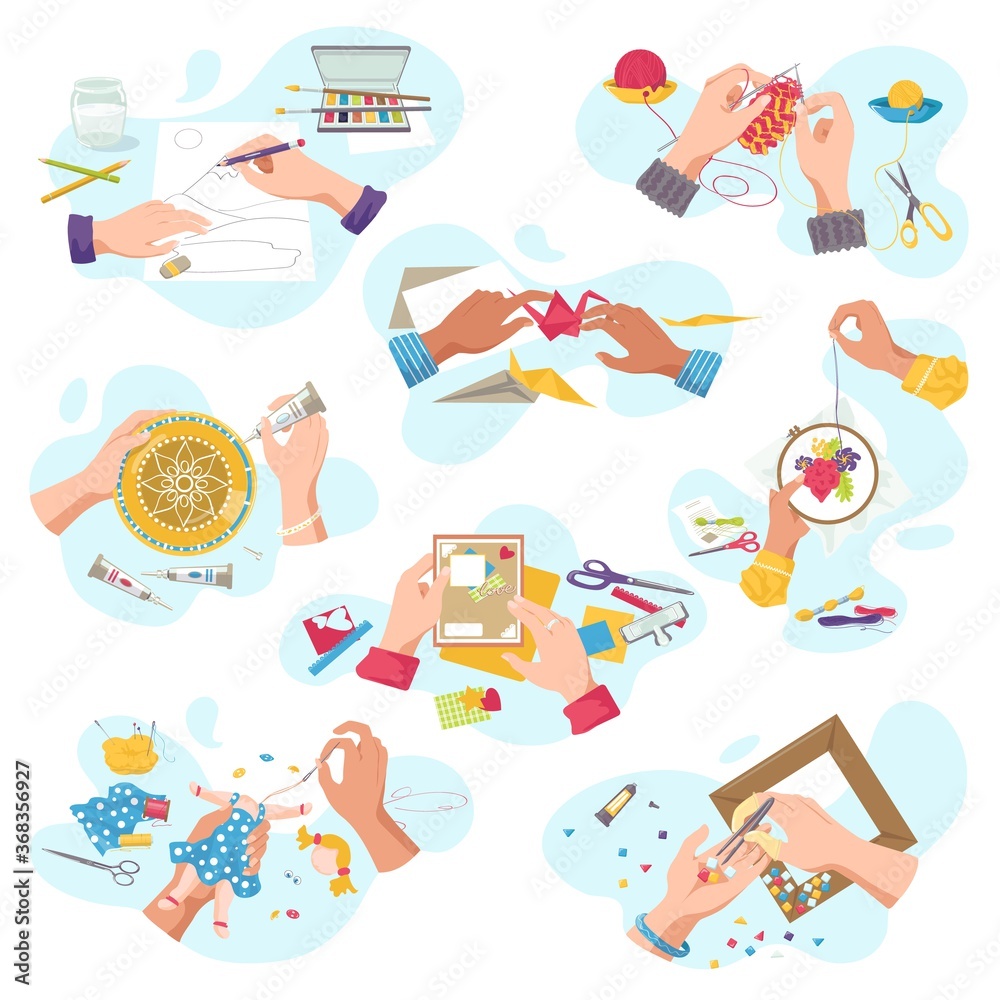 Art craft workshop for creative hobby, top view craftsman hands creat artistic handycrafts, isolated on white vector illustrations set. Cutting, painting and knitting, embroidery, applique, sawing.