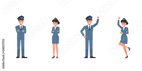 Steward and stewardess character vector design. Presentation in various action.