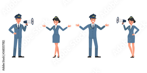 Steward and stewardess character vector design. Presentation in various action.