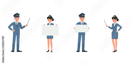 Steward and stewardess character vector design. Presentation in various action.