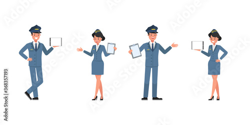 Steward and stewardess character vector design. Presentation in various action.