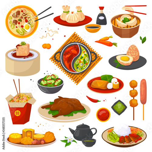 Chinese food or oriental asian cuisine set of isolated vector illustrations. Chinese food meal  box  plate  chopsticks. Dim sum  noodles  rice and vegetables  soup restaurant and street cooking in