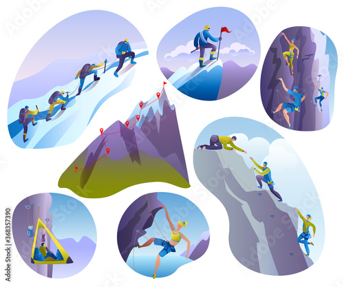 Mountain climbing people vector illustrations isolated on white set. Climber climbs rock wall or mountainous cliff and people in extreme sport, mountaineer character mounts, mountaineering.