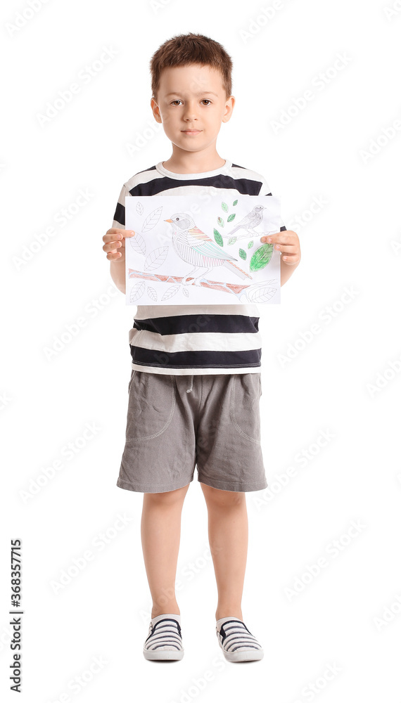 Cute little boy with coloring picture on white background Cute little boy with coloring picture on white background