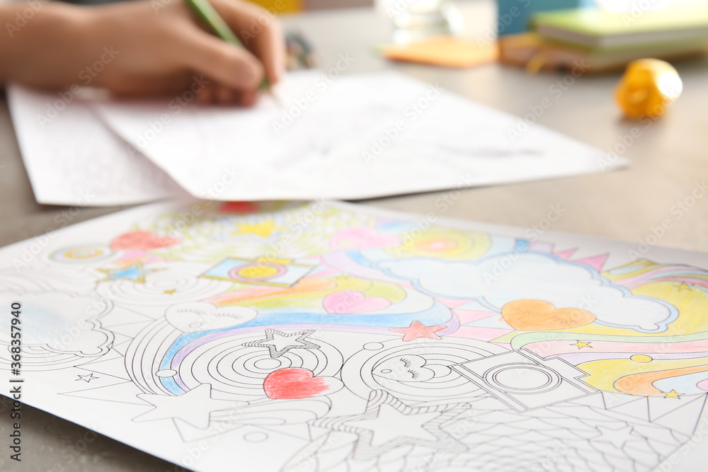 Coloring picture on table, closeup Coloring picture on table, closeup