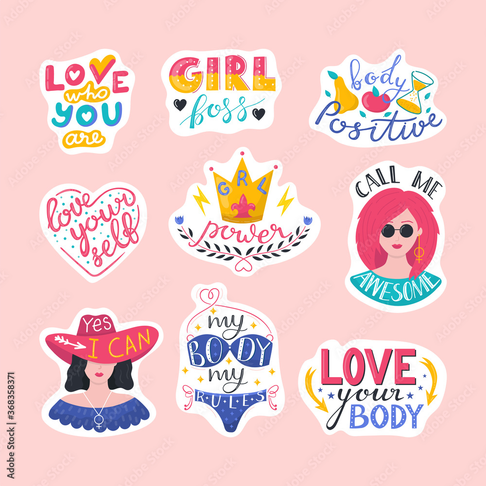 Fototapeta premium Feminism lettering or typography, girl power quotes for print set of vector illustrations. Feminists quotes, woman motivation slogans. Lettering design elements for female t-shirt prints, posters.