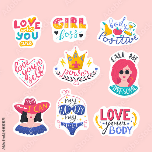 Feminism lettering or typography, girl power quotes for print set of vector illustrations. Feminists quotes, woman motivation slogans. Lettering design elements for female t-shirt prints, posters.