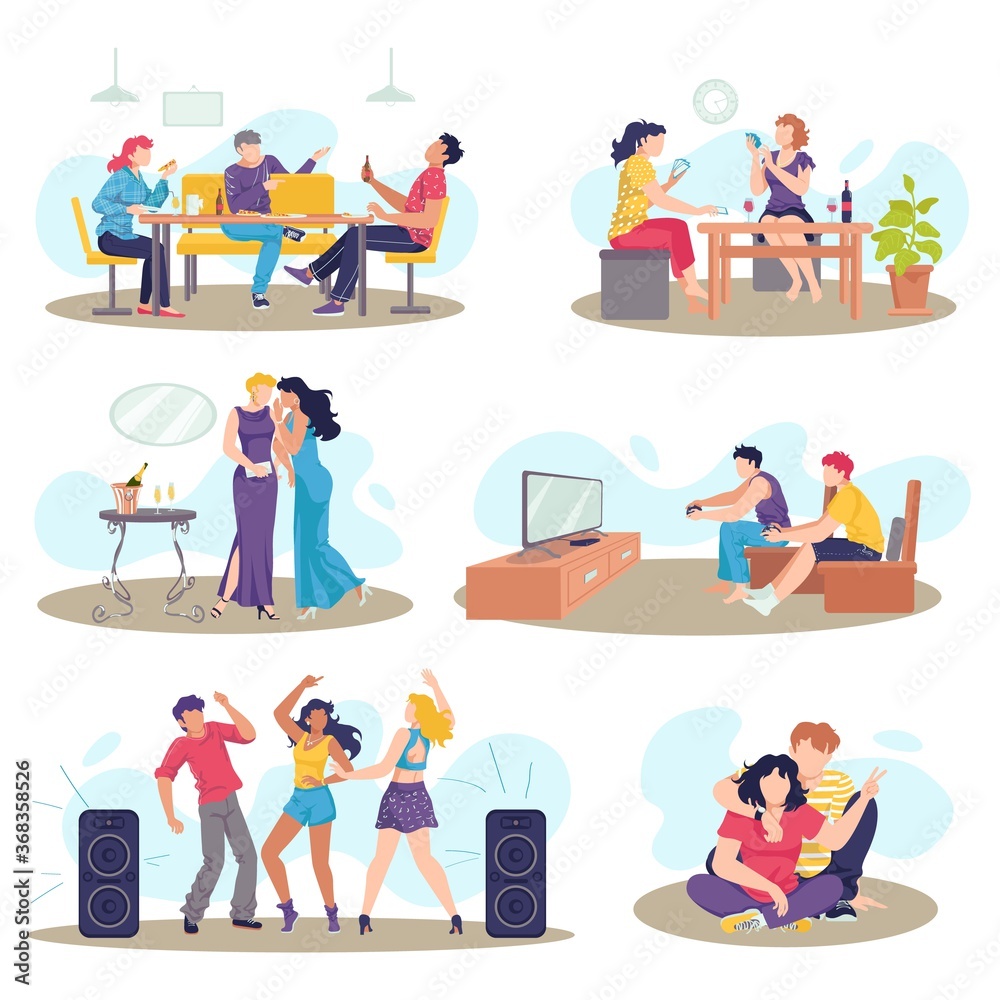 Friends together set of friendly people vector illustrations. Friendship, relationship between man and woman. Dancing, eating, speaking and spending time together. Social pastime, person and society.