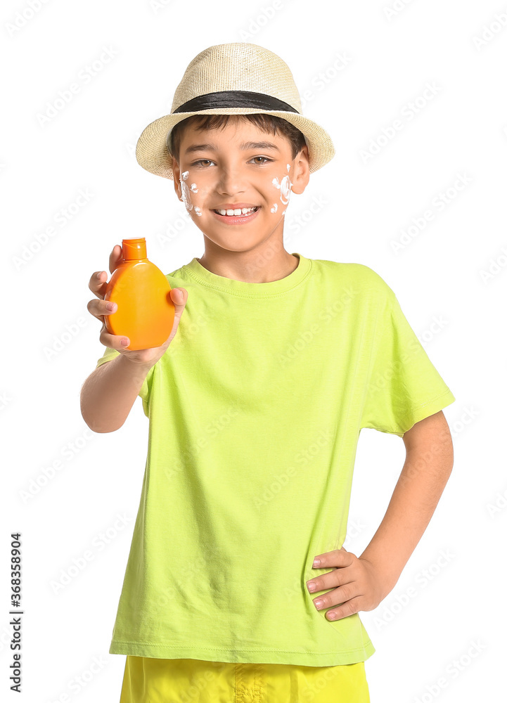 Little boy with sun protection cream on white background Little boy with sun protection cream on white background