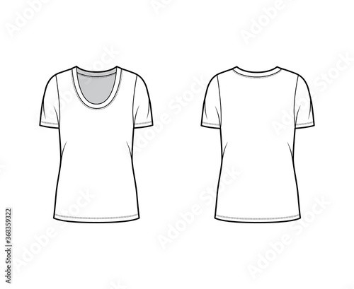 Scoop neck jersey t-shirt technical fashion illustration with short sleeves, oversized body, tunic length. Flat apparel template front back, white color. Women, men, unisex outfit top CAD mockup