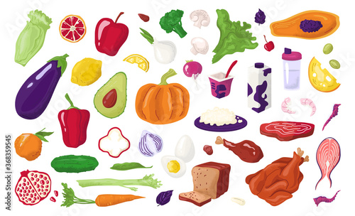 Healthy foods, nutrition set fresh organic fruits, meat, fish, milky products and vegetables for diet meal vector illustrations. Healthy food menu with vitamins, natural eating, agricultural market.