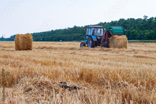 tractor makes big straw roll on yellow field at summer day