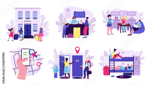 Hostel and tourists accomodation set of vector illustrations. Room in hostel for stay at night, travelers with luggage, mobile apps screen with map, cheap hotel or motel concept for touristic website.