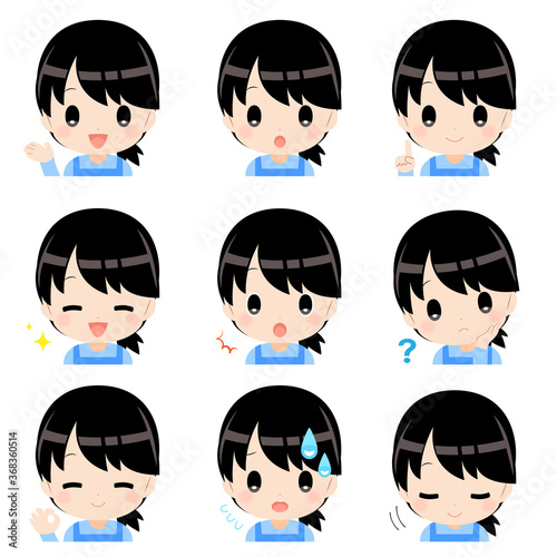 イラスト素材（主線なし）エプロンを着た黒髪女性の表情セット