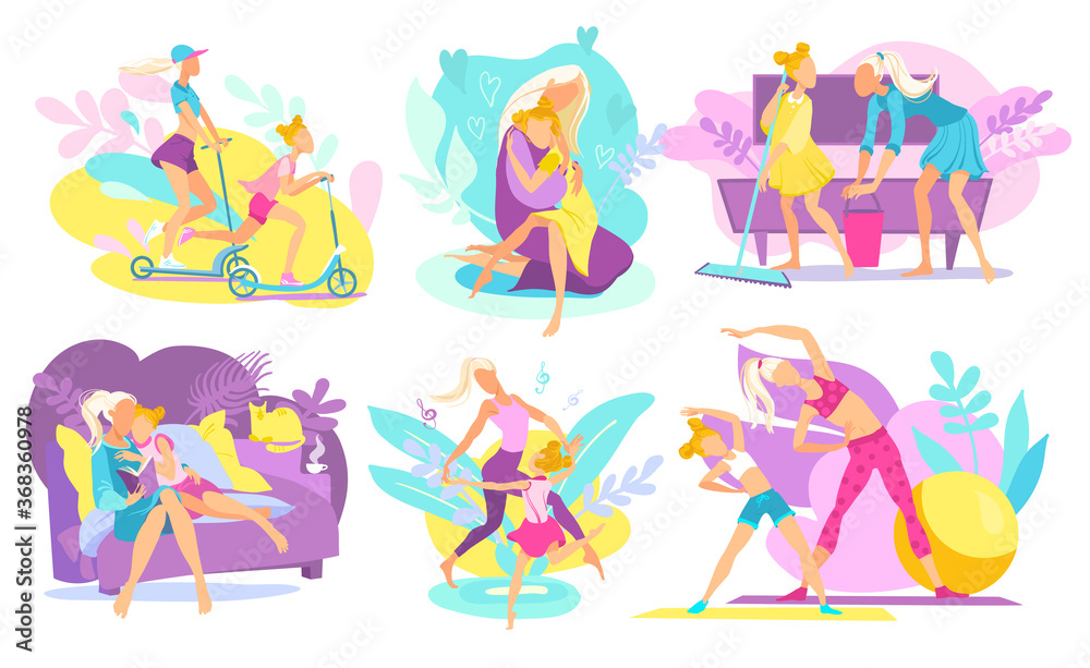 Mother and daughter together performing daily activities, reading book, doing sport fitness, dancing and cleaning vector illustrations set. Motherhood, mom parents love and care for child girl.
