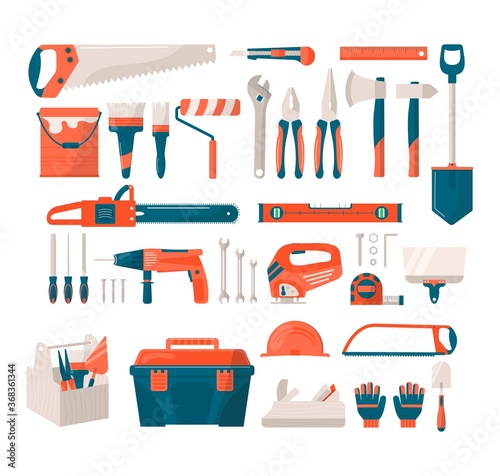 Repair and construction tools flat icons set, vector illustration. Building tools like hammer, axe, ruler and screwdriver, hatchet home and house repair instruments. Fix hardware for home renovation. © creativeteam