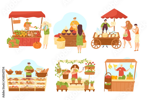 Stall market shops set of sellers at counter and food, isolated vector illustrations. Market sellers at kiosks with vegetables, bread, spices meat and milk products stall stand. Grocery street stores.