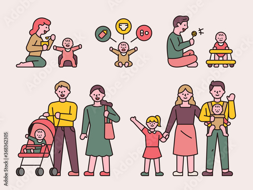 Diverse family composition with babies. flat design style minimal vector illustration.