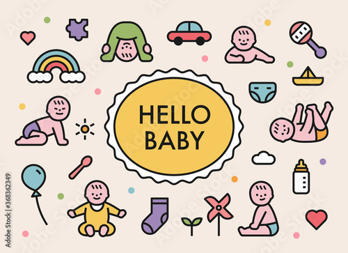 Cute baby characters and baby supplies icons in various poses. flat design style minimal vector illustration.