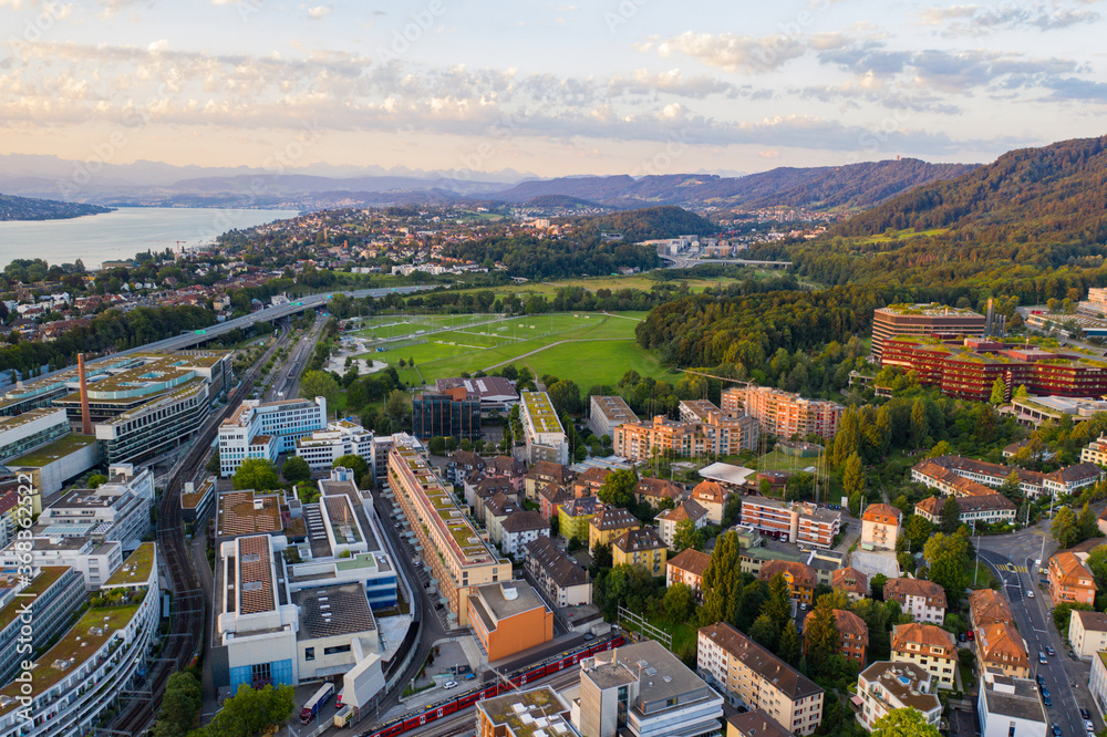 Aerial view of Zurich with lake in the morning