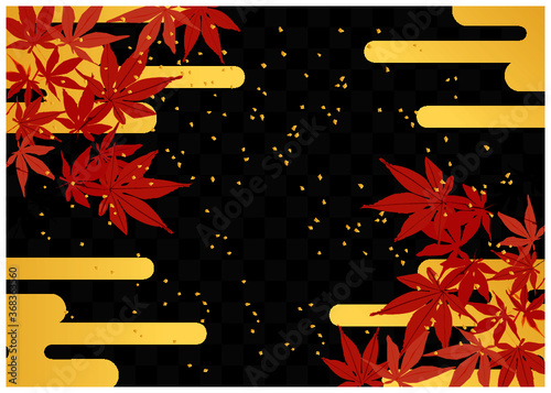 紅葉_金箔_黒格子背景