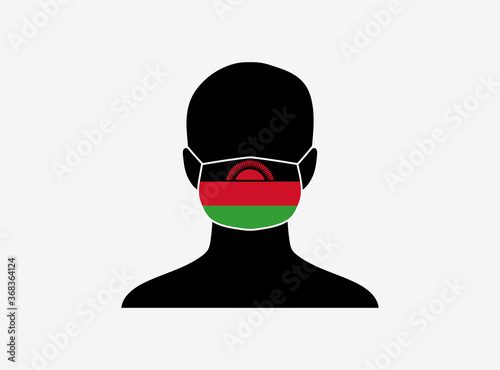 A silhouette of a person wearing a mask with the flag of Malawi on it. Vector illustration.