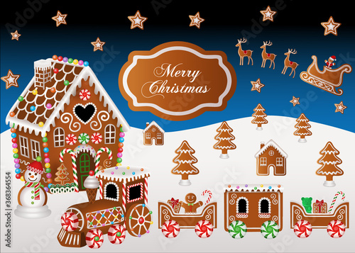 christmas background with gingerbread house and gingerbread train