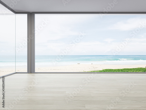 Sea view large living room of luxury summer beach house with big glass window and wooden floor. Interior 3d illustration in vacation home or holiday villa.