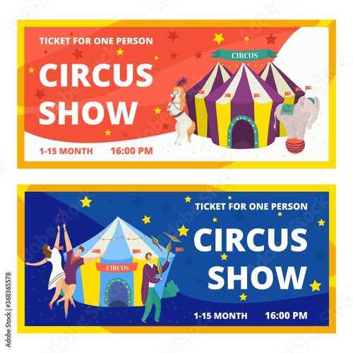 Circus tickets set of carnival entertainment horizontal banners with animals show and performance with acrobats and magician vector illustration. Circus tickets festival magic event template.