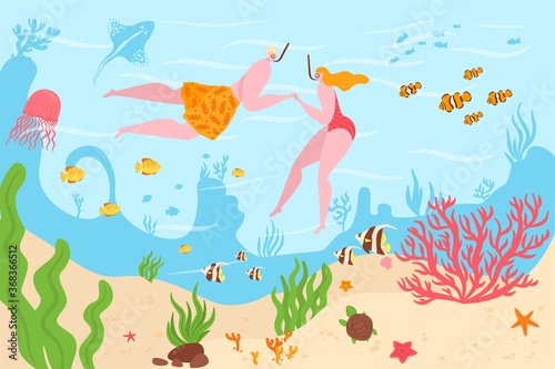 Underwater in tropical coral reefs ocean divers man and woman dive among marine fish vector illustration. Underwater swiming and diving. Summer vacation concept of sport active holidays.