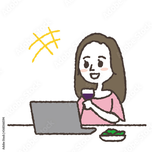 オンライン飲み会をしている若い女性のイラスト