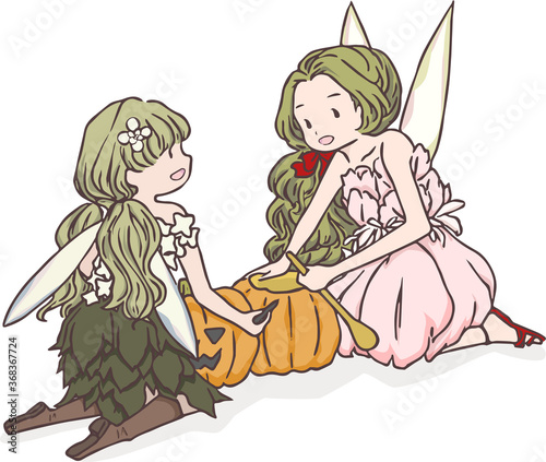 ジャック・オー・ランタンを作る妖精の女の子達のイラスト