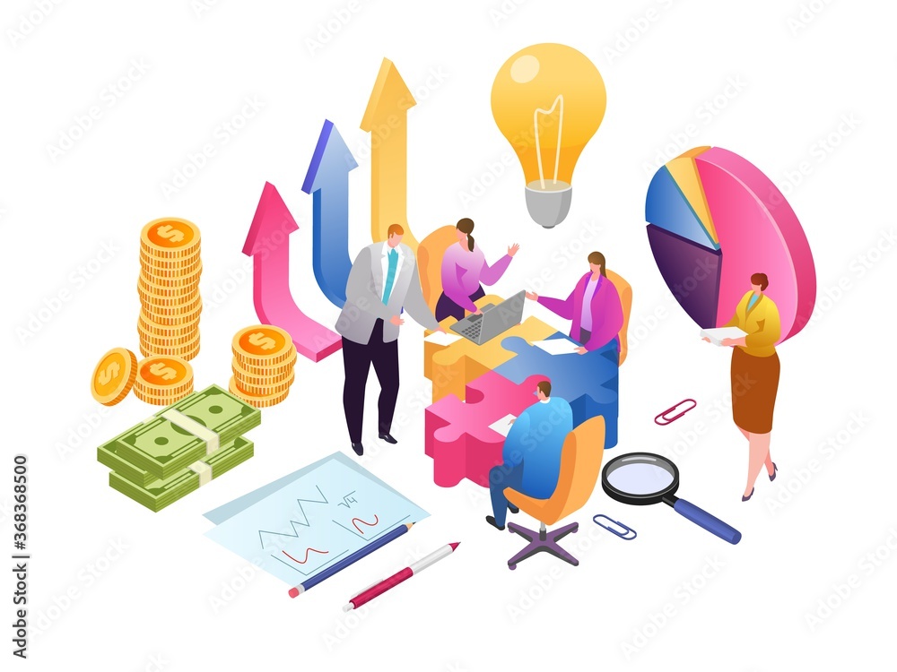 Business creative teamwork and development data analysis isometric vector illustration. Financial report and strategy. Business team-work for investment growth, marketing and managment in team.