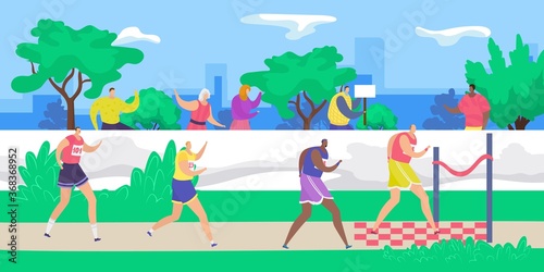 Marathon, jogging runners at finish line, sport running group concept flat vector illustration. People athletes run at speed maraphon race, healthy lifestyle, sprint competition.