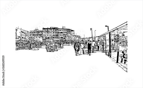 Building view with landmark of Aksaray is a city in the Central Anatolia region of Turkey. Hand drawn sketch illustration in vector.