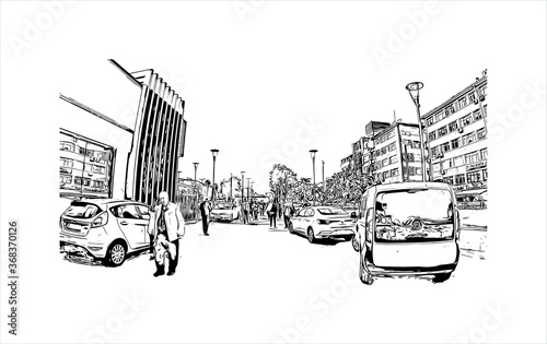 Building view with landmark of Aksaray is a city in the Central Anatolia region of Turkey. Hand drawn sketch illustration in vector.