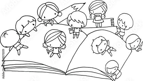 vector cartoon boys and girls on the book