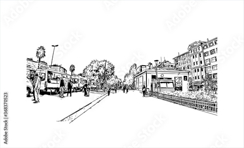 Building view with landmark of Aksaray is a city in the Central Anatolia region of Turkey. Hand drawn sketch illustration in vector.