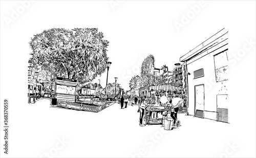 Building view with landmark of Aksaray is a city in the Central Anatolia region of Turkey. Hand drawn sketch illustration in vector.