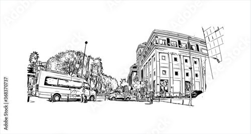 Building view with landmark of Aksaray is a city in the Central Anatolia region of Turkey. Hand drawn sketch illustration in vector.