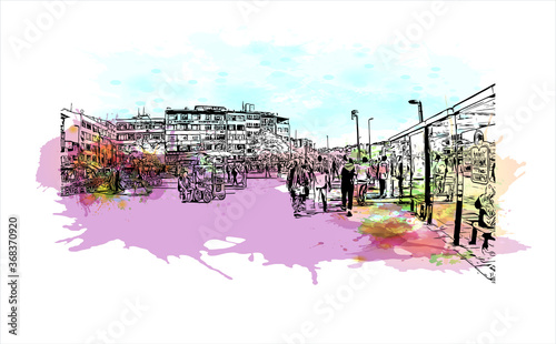 Building view with landmark of Aksaray is a city in the Central Anatolia region of Turkey. Watercolor splash with hand drawn sketch illustration in vector.