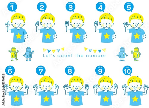英語で1から10までの数える男の子の表情セット	
