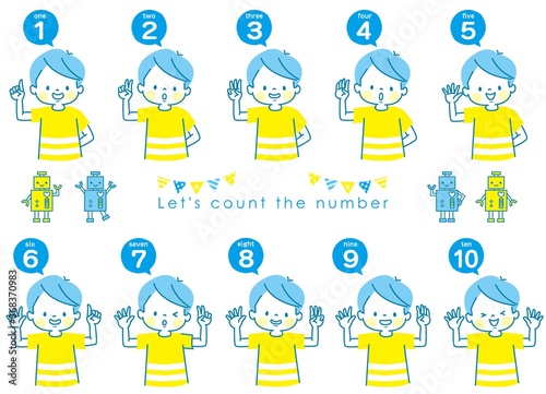 英語で1から10までの数える男の子の表情セット	

