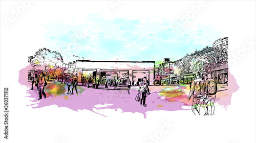 Building view with landmark of Aksaray is a city in the Central Anatolia region of Turkey. Watercolor splash with hand drawn sketch illustration in vector.