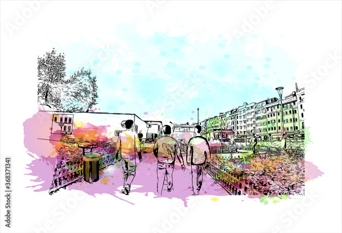Building view with landmark of Aksaray is a city in the Central Anatolia region of Turkey. Watercolor splash with hand drawn sketch illustration in vector.
