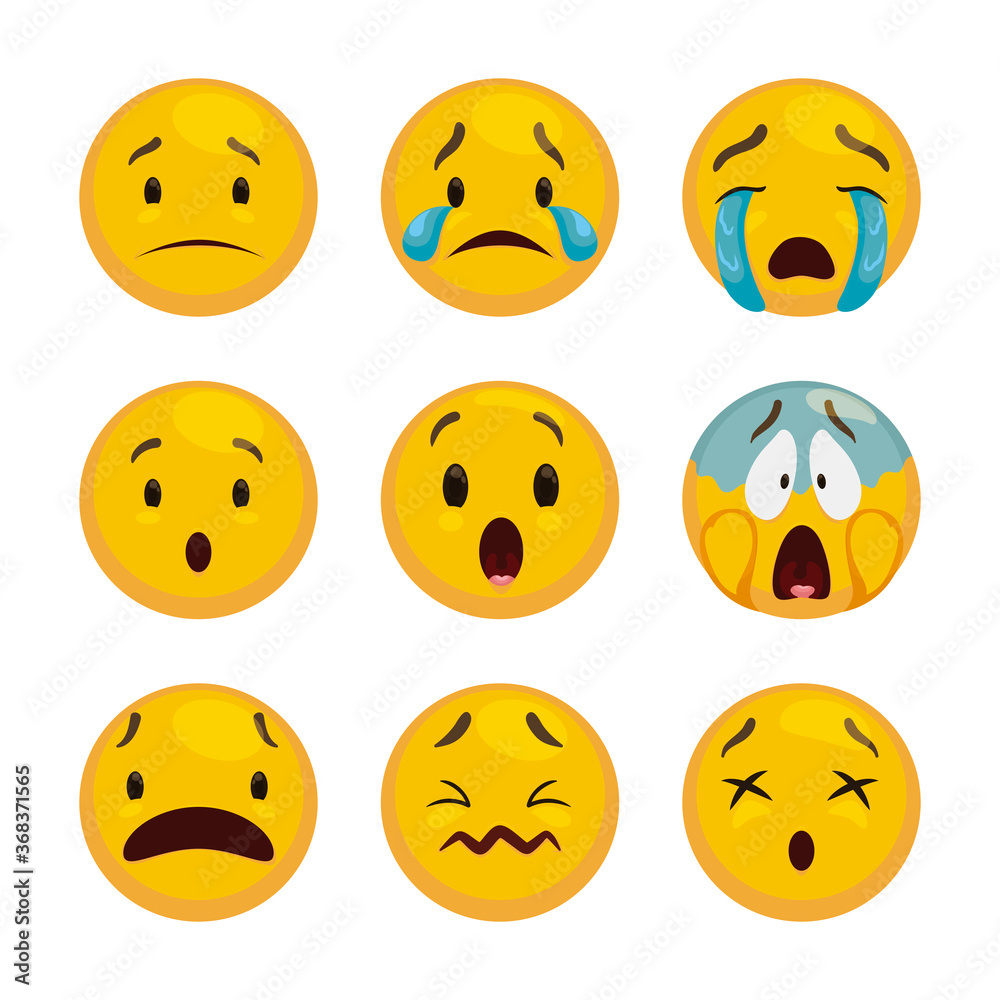 Emoji Set to Express Sadness, Worry and Surprise, Vector Illustration