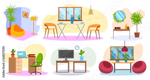 Set of room interior design in house with furniture icons, living room and ho...