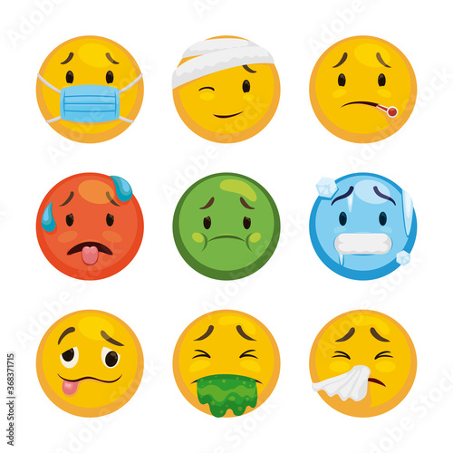 Emoticon Set to Express Sickness and Uncomfortable Situations, Vector Illustration