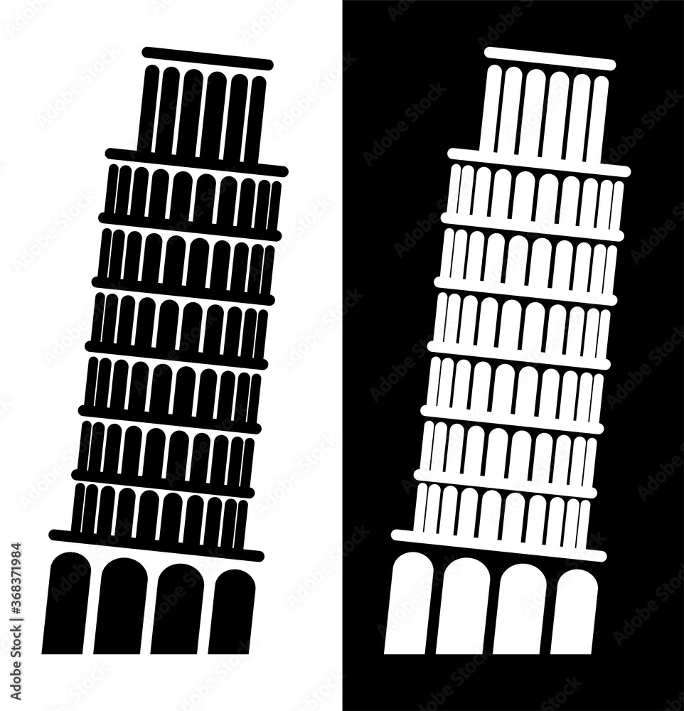  icon, leaning tower of pisa. Landmarks of Italy. Black and white vector